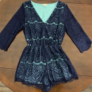Romper, light blue with navy lace overlay